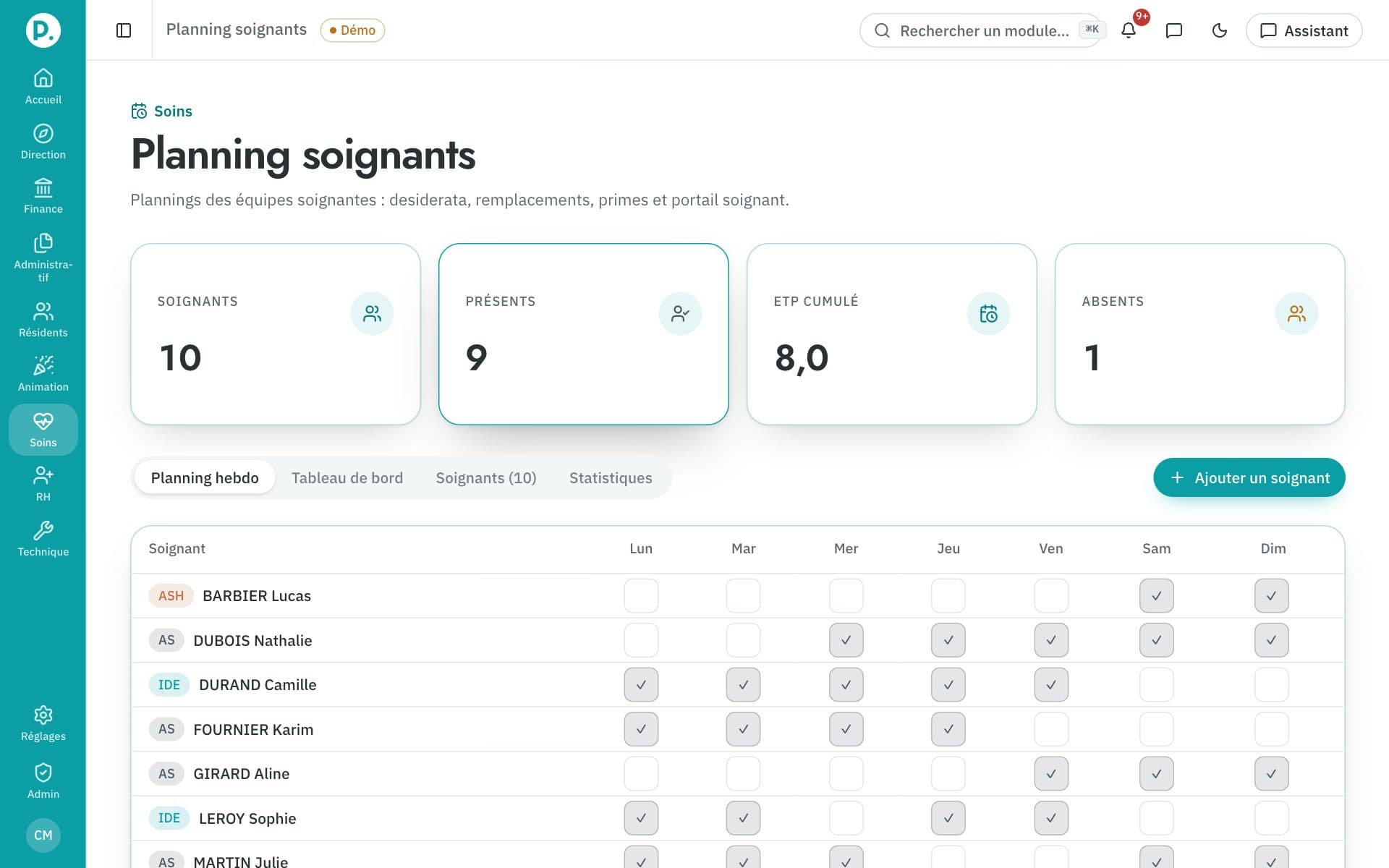Écran Planning soignants de ProgiSeniors
