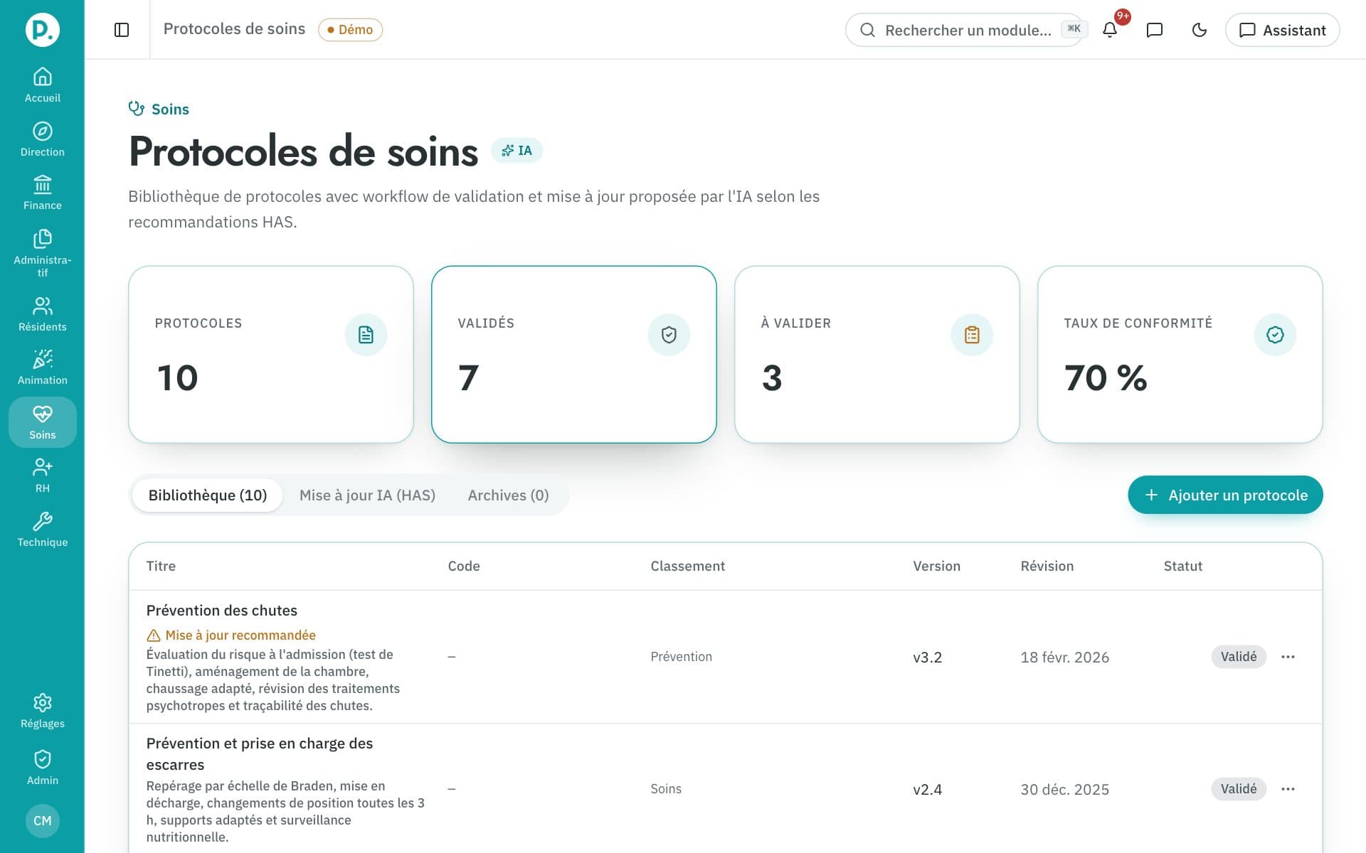 Écran Protocoles de soins de ProgiSeniors