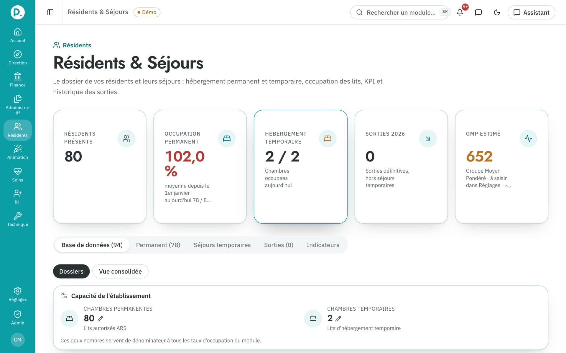 Écran Résidents & Séjours de ProgiSeniors